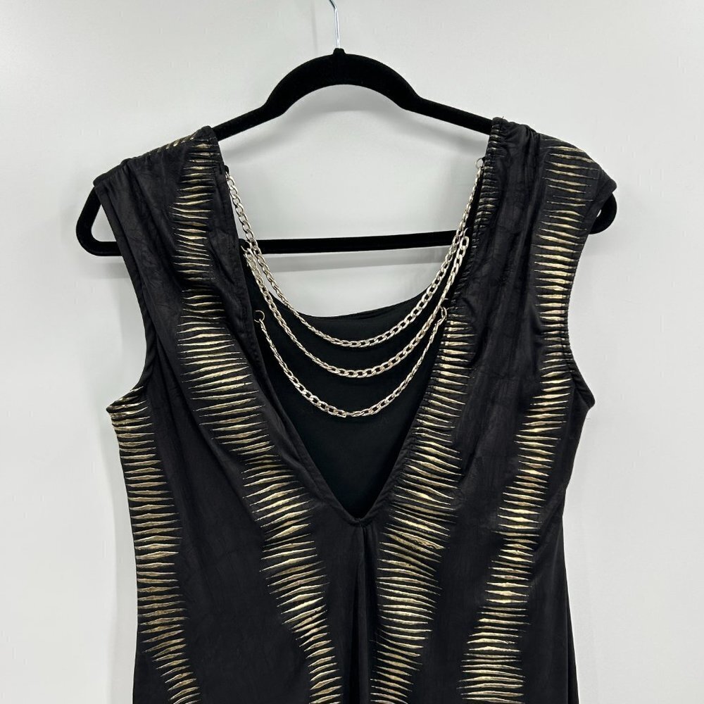 BEBE Black Gold Stretch Tiered Chain Back Mini Cocktail Dress Size Large - Picture 5 of 7
